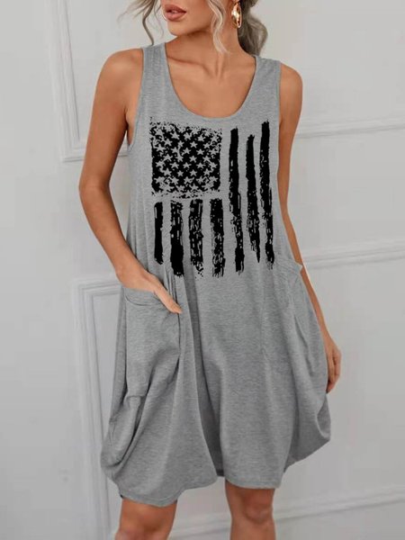 

American flag With Pockets Cotton-Blend Short Sleeve Dresses, Light gray, Print Dress