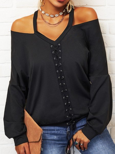 

Casuale Scollo a V Maniche Lunghe Top, Nero, Blouses & Shirts