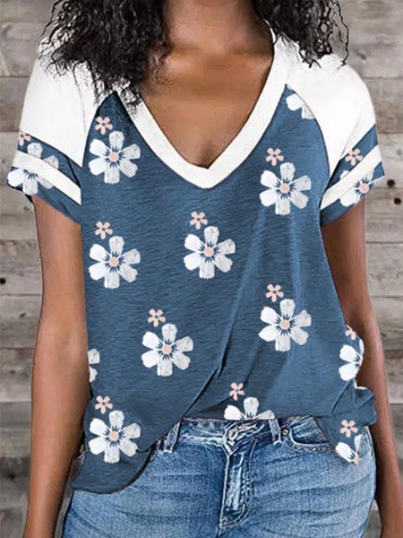 

Casual Floral Short Sleeve Shirts & Tops, Blue, T-Shirts