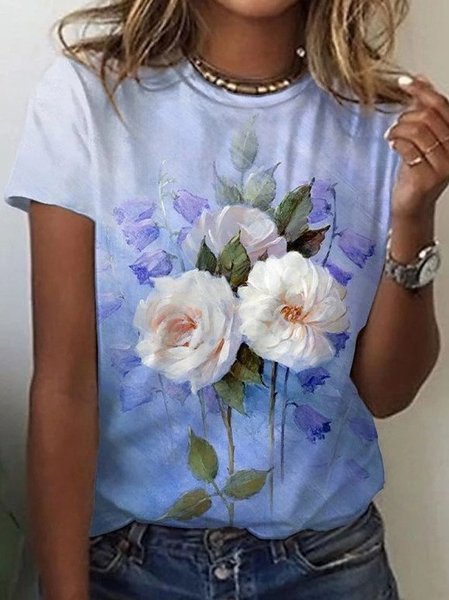 

Casual Floral Print Short-Sleeved T-Shirt, Blue, T-Shirts