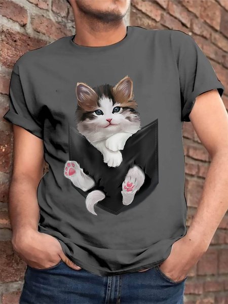 

Cute White Kitty in Pocket Graphic Short Sleeve T Shirt, Deep gray, T-shirts