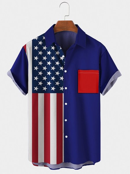 

Mens Independence Day American Flag Print Casual Lapel Pocket Short Sleeve Hawaiian Shirts, Blue, Shirts ＆ Blouse