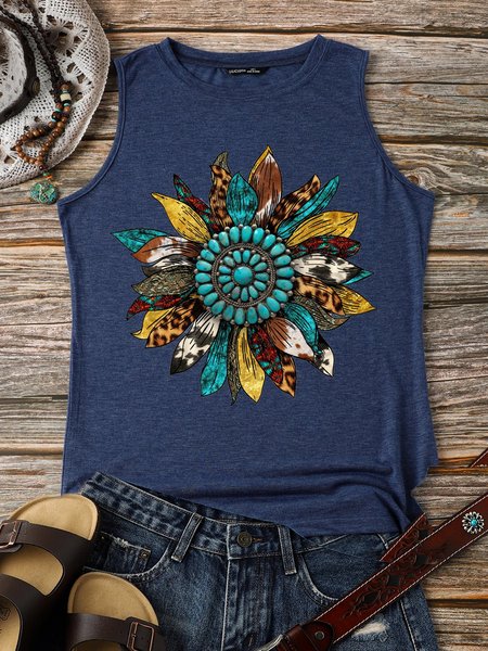 

Western Leopard Sunflower Cotton-Blend Sleeveless Crew Neck Vests, Blue, Tank Tops