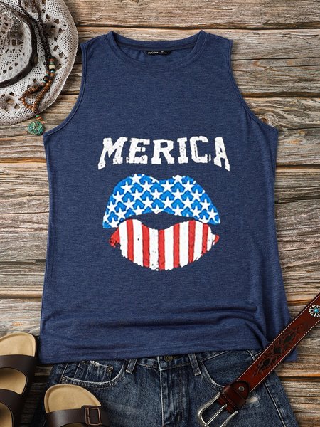 

American Flag Crew Neck Sleeveless Vests, Blue, Tank Tops
