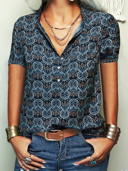 

Misto Cotone Astratto Scollo a V Maniche Corte Top, Blu scuro, Blouses & Shirts