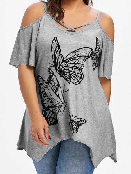 

a-line butterfly casual floral-print shirts & tops, Gray, T-Shirts