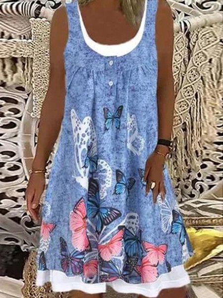 

Women Animal Picture Crew Neck Sleeveless Comfy Casual Dress, Blue, Short