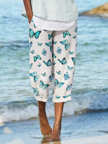 

Casual Floral-Print Butterfly Pants, White, Bottoms