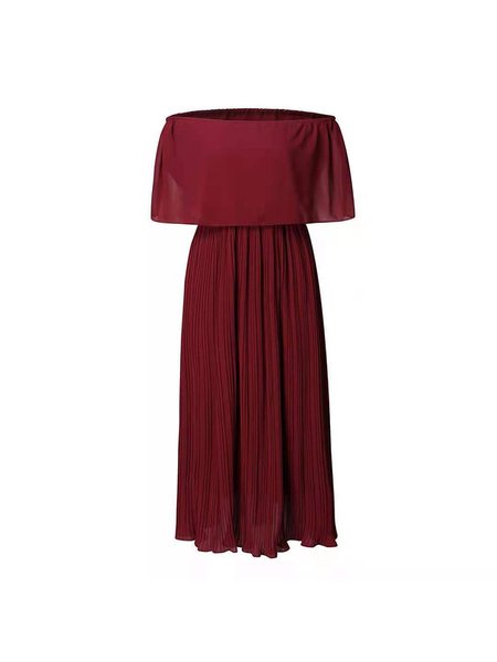 

Bateau/boat Neck Short Sleeve Pleated Resort Dresses, Wine red, Casual Dresses