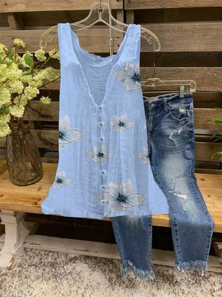 

Cotton Shift Buttoned Vintage Blouse, Blue, Tank Tops & Camis
