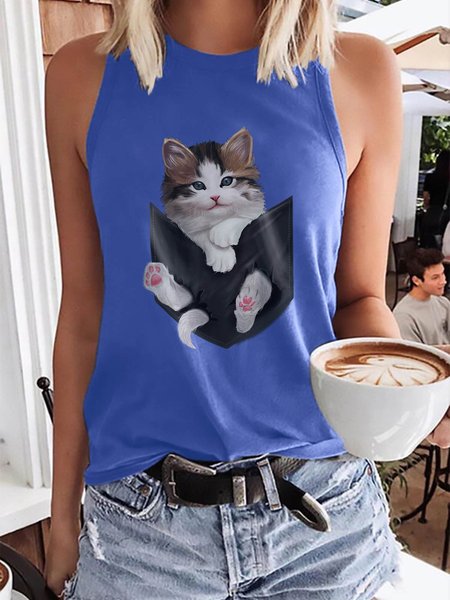

Cute White Kitty in Pocket Graphic Tank Top, Light blue, Tank Tops