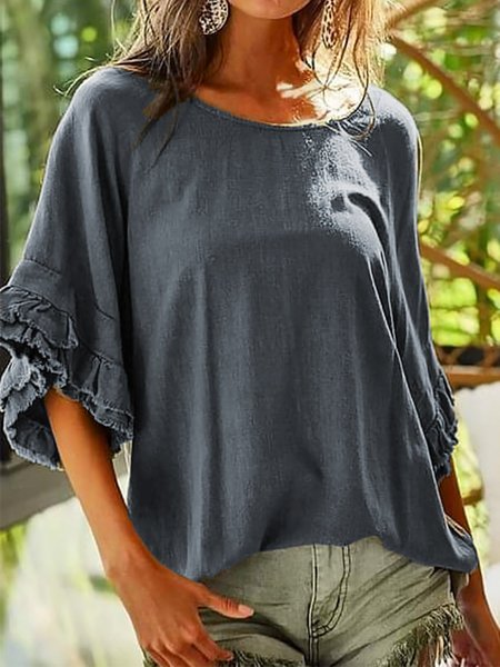 

Tinta unita Panelled Maniche Corte Top, Blu, Blouses & Shirts