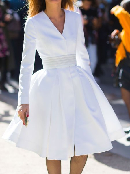 

A-Line Work Plain Midi Dress, White, Midi Dresses