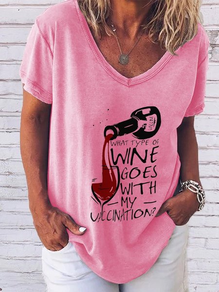 

What Type Of Wine Goes WTF V Neck Short Sleeve Shirts & Tops, Pink, T-shirts