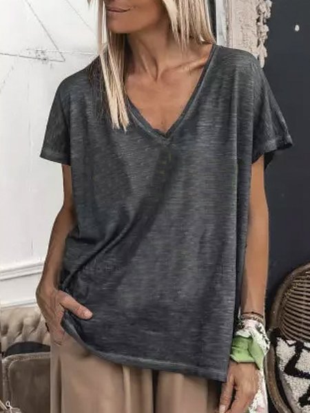 

Dritto Casuale Maniche Corte Top Misto Cotone, Grigio, Blouses & Shirts