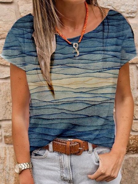 

Vacanza strisce Maniche Corte Misto Cotone Top, Blu, Blouses & Shirts