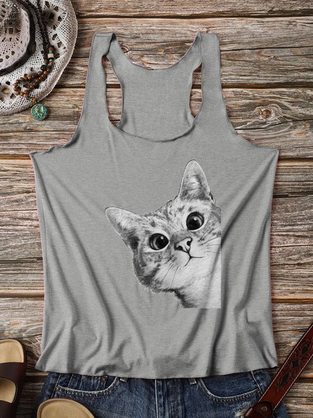 

Sneaky Cat Graphic Tank Top, Gray, Tank Tops