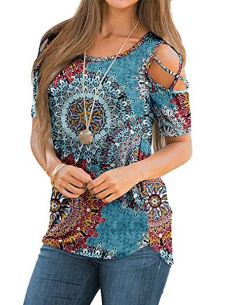 

Floral Cold Shoulder Short Sleeve Casual Shirts & Tops, Blue, T-shirts