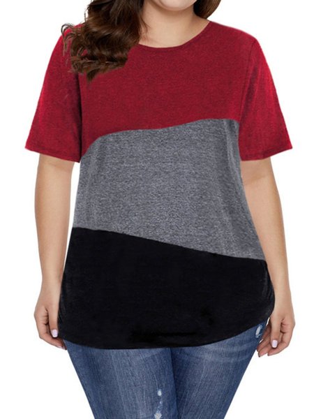 

color-block crew neck short sleeve casual shirts & tops, Red, T-Shirts