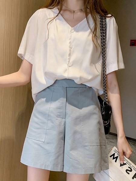 

V Neck Short Sleeve Shift Holiday Blouse, White, Shirts & Blouses