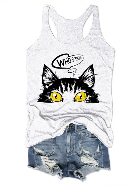 

Who's There Cat Cotton-Blend Crew Neck Vests, White, Tank Tops