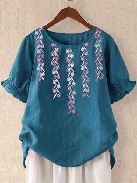 

Casual Ruffled Shift Short Sleeve Shirts & Tops, Deep blue, Tops
