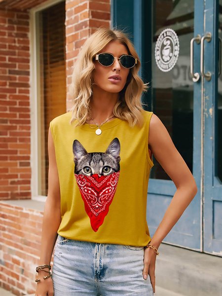 

Gangster Cat Graphic Tank Top, Yellow, Tank Tops