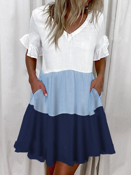 

Contrasting Color Stitching V-neck Cute Sundresses, Sky blue, Casual Dress