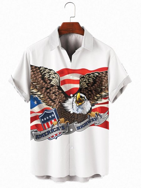 

Mens Independence Day American Flag Eagle Print Casual Lapel Pocket Short Sleeve Hawaiian Shirts, White, Men's Floral shirt