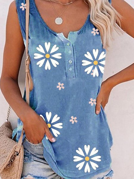 

JFN Round Neck Floral Vacation Top, Blue, Tanks & Camis