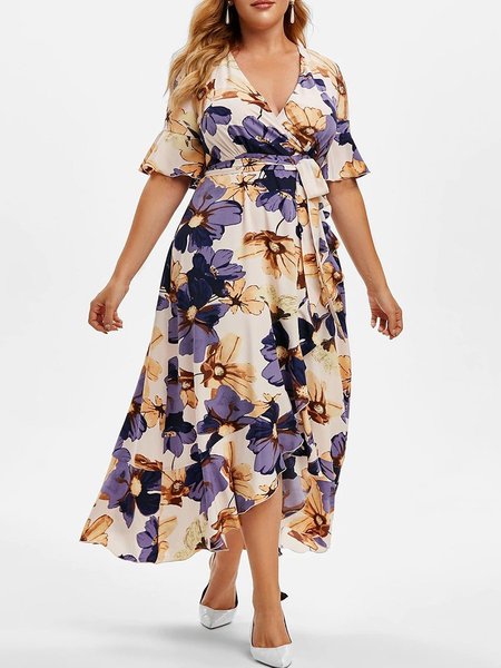 

Floral V Neck Short Sleeve A-line Dresses, Pink, Floral Dresses