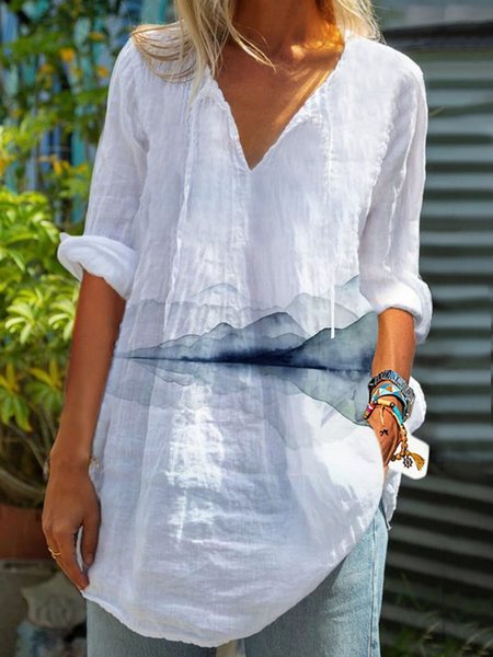 V Neck 3/4 Sleeve Casual Cotton-Blend Shirts & Tops, White, Long sleeve tops
