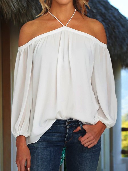 

Spalla Nuda Solido Casuale Camicie & Top, Bianco, Blouses & Shirts