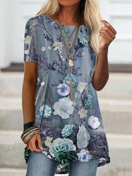 

Cotton Short Sleeve Plants Crew Neck Shirts & Tops, Blue, Tunics