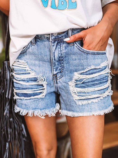 

Denim Shorts With Fringed Holes, Light blue, Shorts