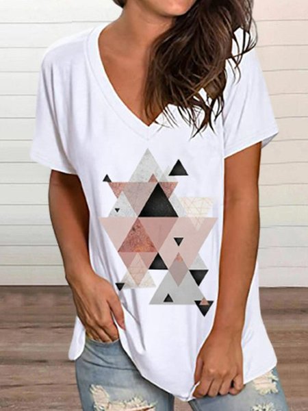 

Cotton-Blend Short Sleeve V Neck Casual Shirts & Tops, Pink-white, Tops