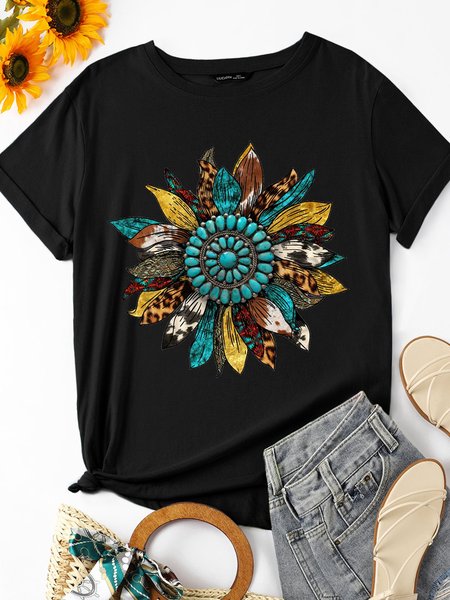 

Western Leopard Sunflower Casual Cotton-Blend T-shirt, Black, T-shirts