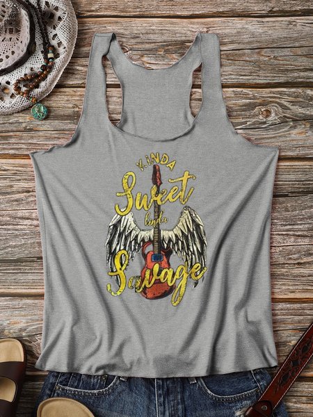 

Guitar Kinda Sweet Kinda Savage Casual Cotton-Blend Crew Neck Vests, Gray, Tank Tops