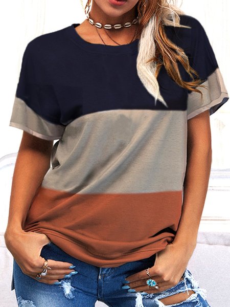 

Casual Short Sleeve Crew Neck Shirts & Tops, Black-brown, T-Shirts