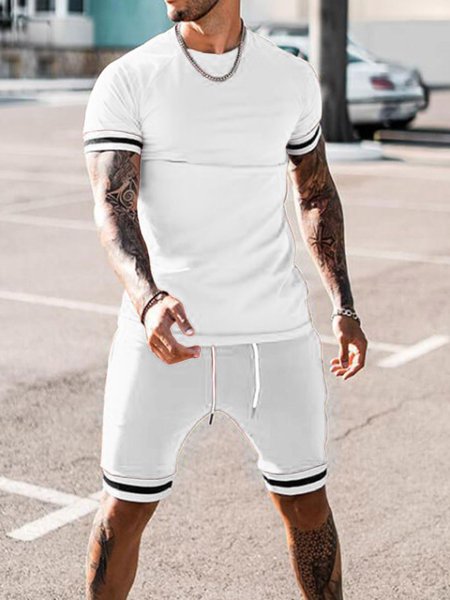 

Casual Crew Neck Short Sleeve Suits, White, Two-pieces