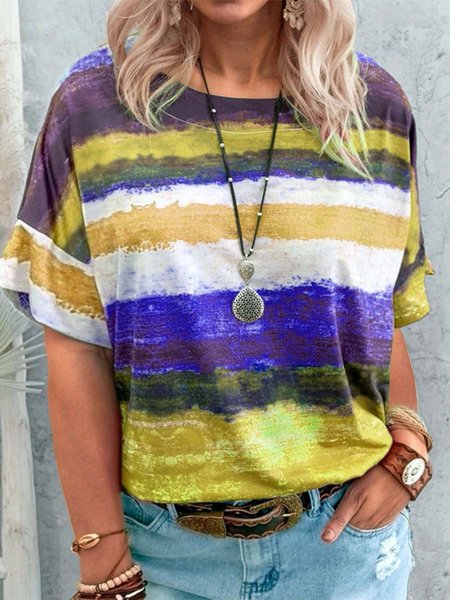 

short sleeve stripes crew neck shift shirts & tops, Yellow, T-Shirts