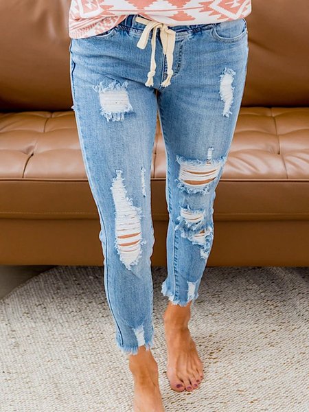 

Retro Ripped Worn Slim Elastic Denim Trousers, Light blue, Jeans