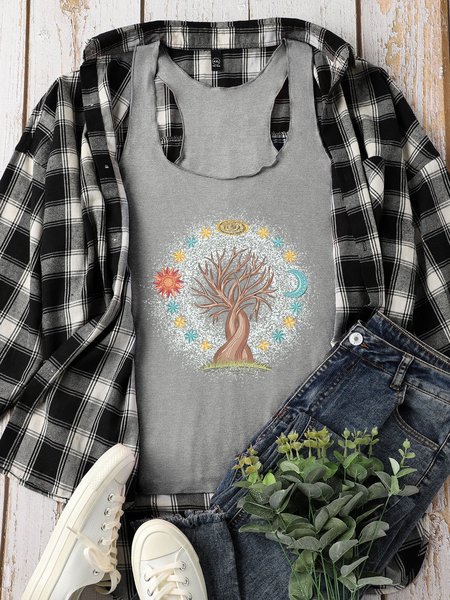 

Tree Sun And Moon With Stars Graphic Tank Top, Gray, Tank Tops