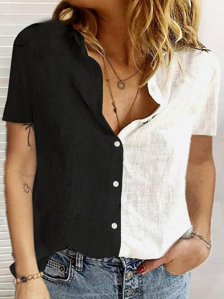 

Casual Short Sleeve Cotton-Blend Color-Block Shirts & Tops, White, Blouses & Shirts
