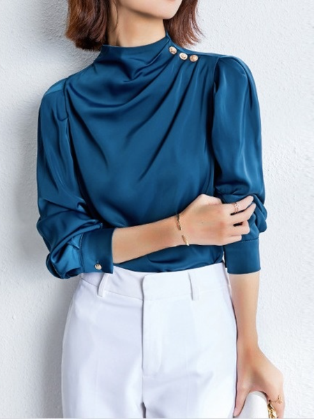 

Work Long Sleeve Stand Collar Shift Top, Blue, Blouses and Shirts