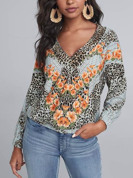 

Vintage V Neck Leopard Shirts & Tops, As picture, Tanks & Camis