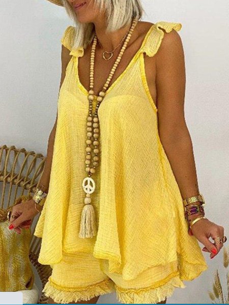 

Casual Short V Neck Set, Yellow, Short Set