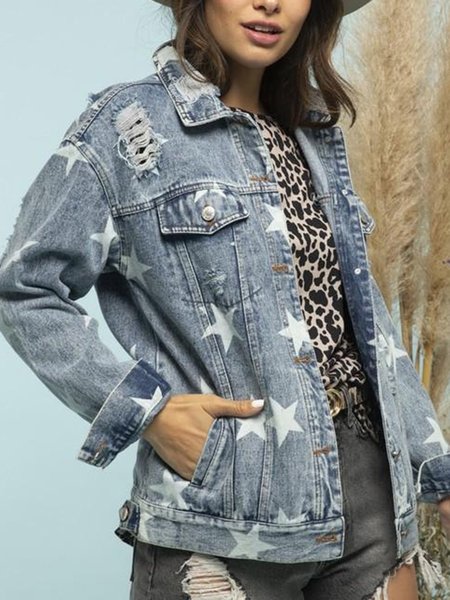 

Vintage Ripped Star Loose Denim Jacket, Lightblue, Jackets& Coats