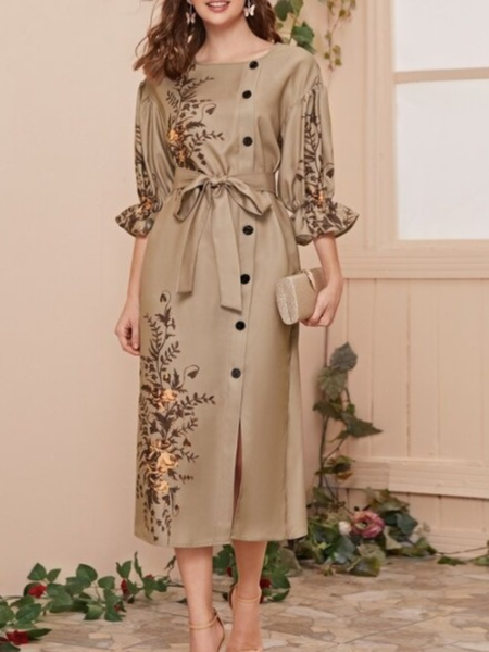 Lady Crew Neck Asymmetric 3/4 Sleeve Resort Dress, Camel, Midi Dresses