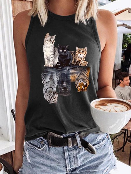 

Two faces Cat Sleeveless Crew Neck Vests, Black, Tank Tops